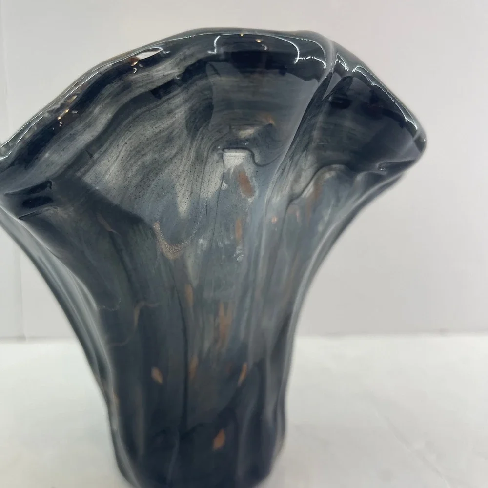 Vintage‎ Murano Style Handkerchief Art Glass Vase Blue Gray Copper Fleck Ruffle
